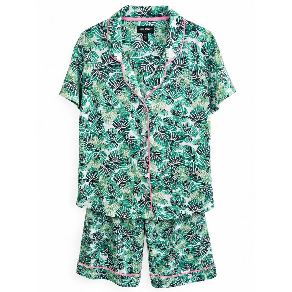 Room Service Tropical Leaf Pajama Set M Green Pink Short Sleeve 2 Piece
